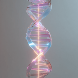 Glass sculpture of a DNA double helix with iridescent colors on a white background