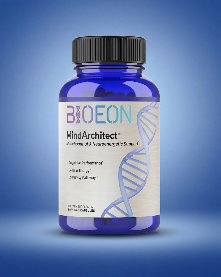 Bottle of Bioeon MindArchitect supplement on a blue background