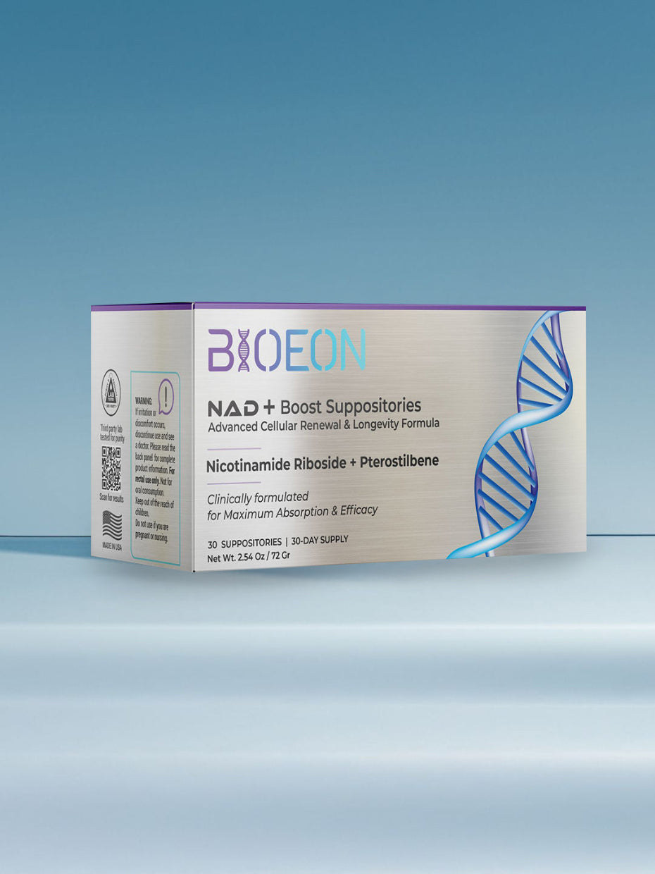 Box of BIOEON NAD Plus Boost 30 Suppositories on a gradient blue background