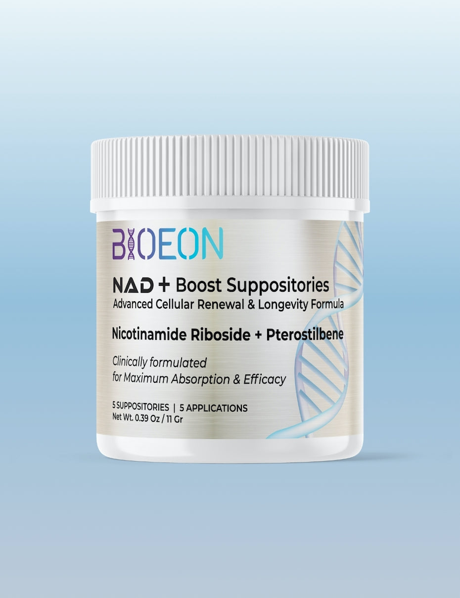 BIOEON NAD+ Boost Pure 5 Suppositories container on a light blue background