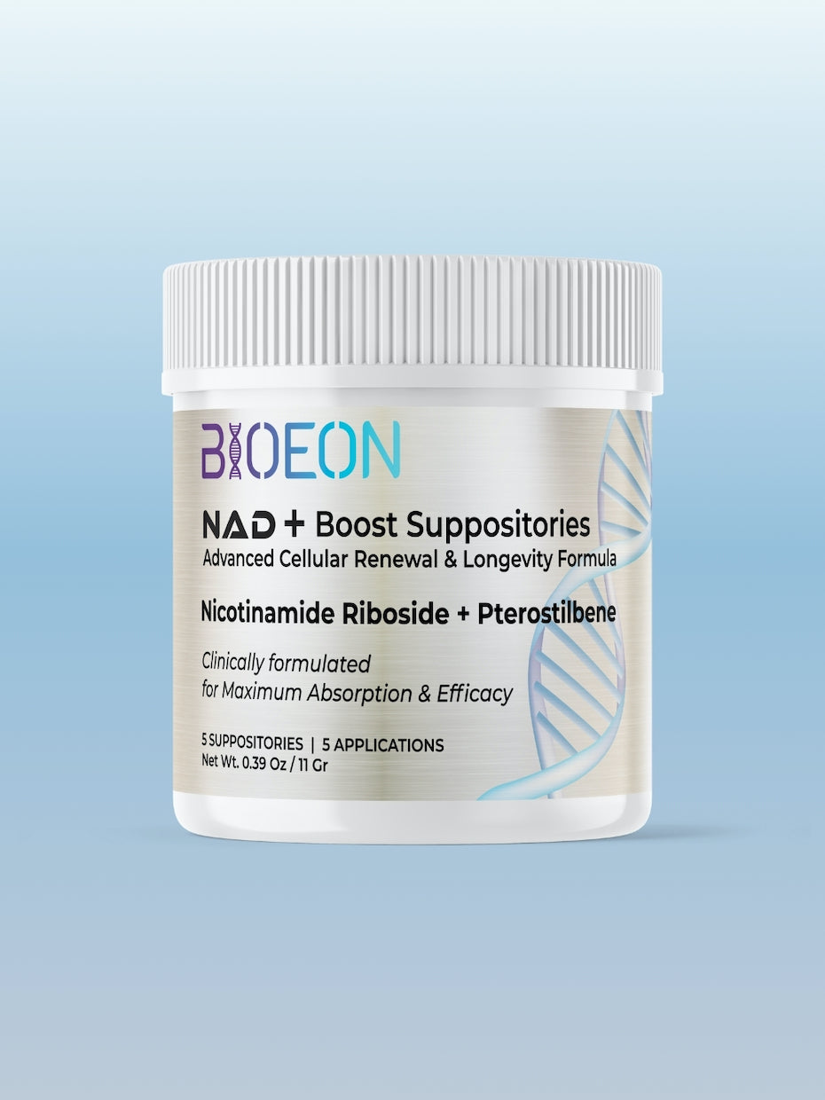 BIOEON NAD+ Boost Pure 5 Suppositories container on a light blue background