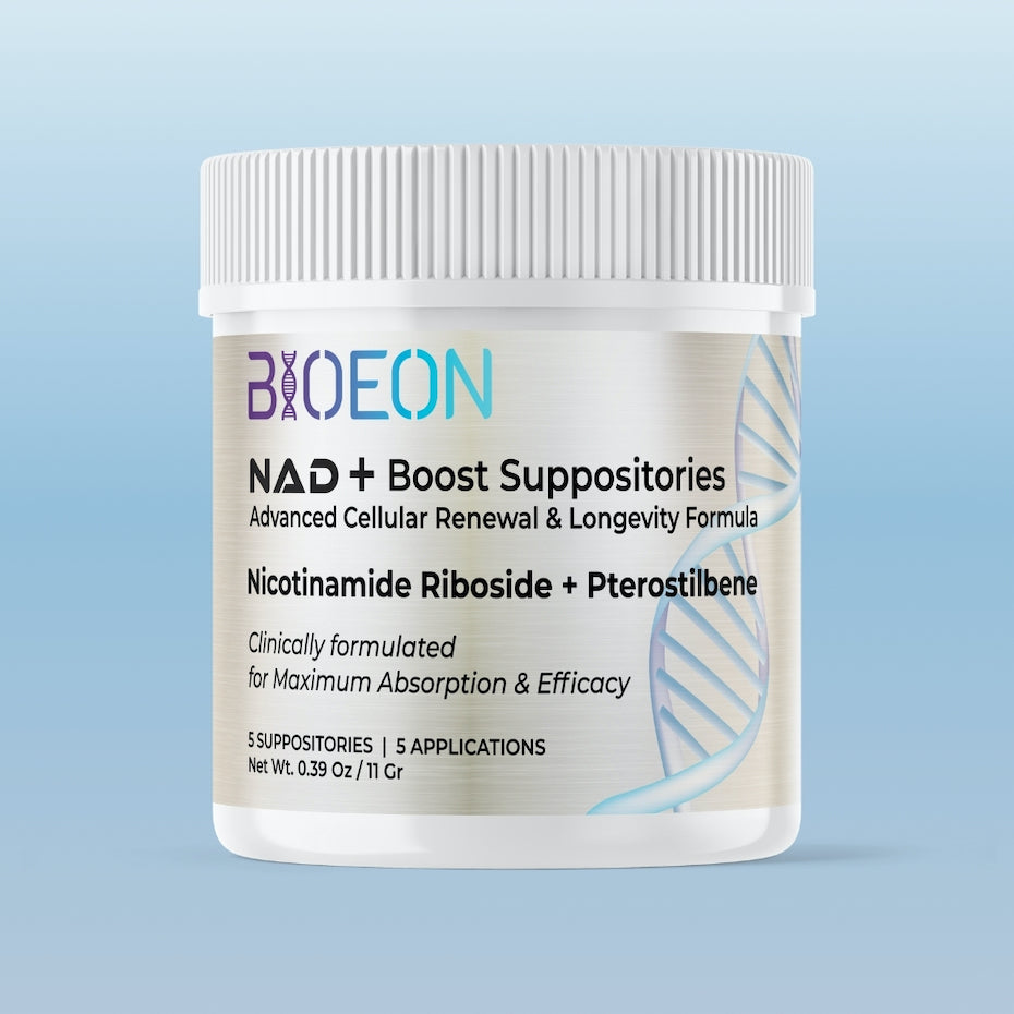 BIOEON NAD+ Boost Pure 5 Suppositories container on a light blue background