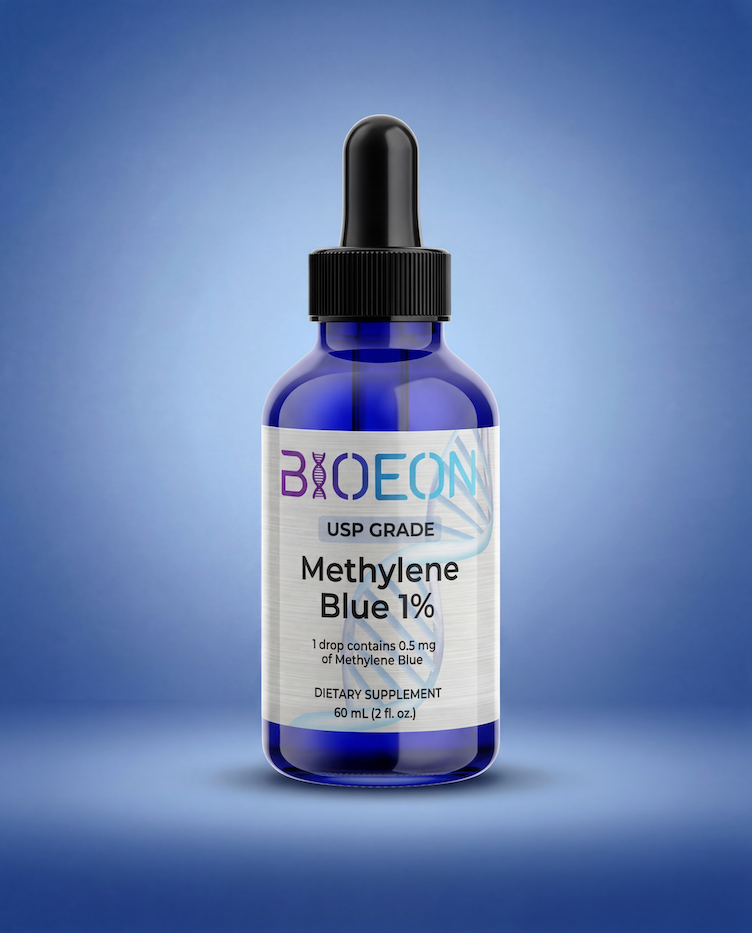 Bottle of Bioeon Methylene Blue 1% on a blue background