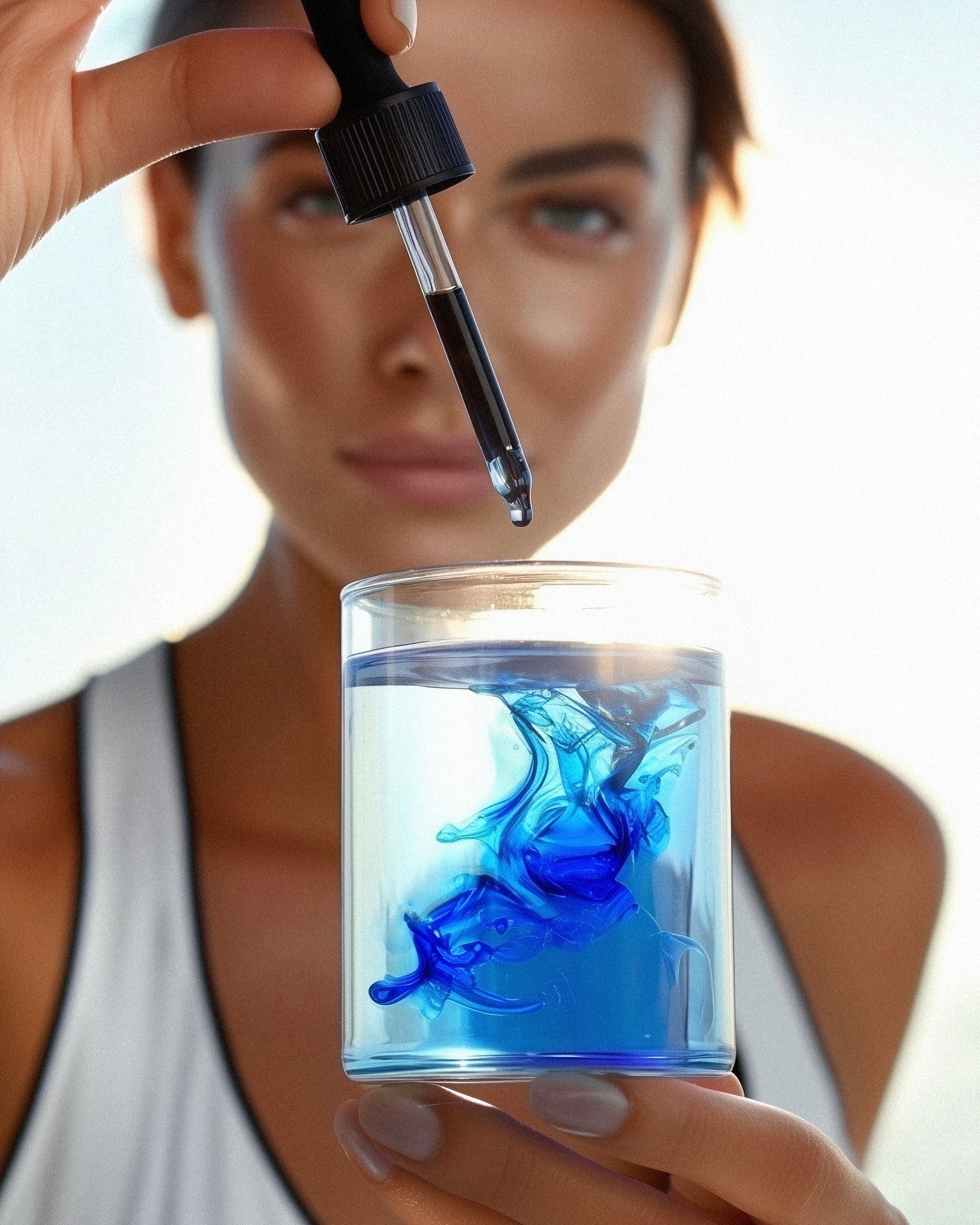 A Person holding a dropper over a glass of BioEon Methylene Blue