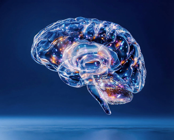 Digital illustration of a glowing brain on a dark blue background