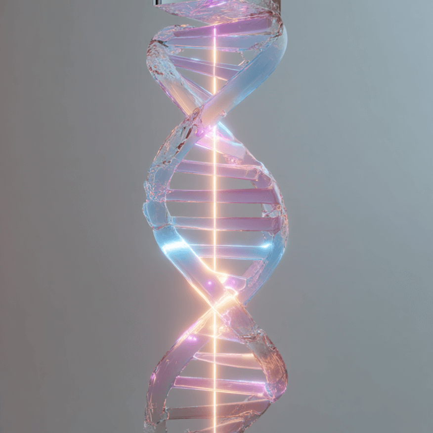 Glass sculpture of a DNA double helix with iridescent colors on a white background